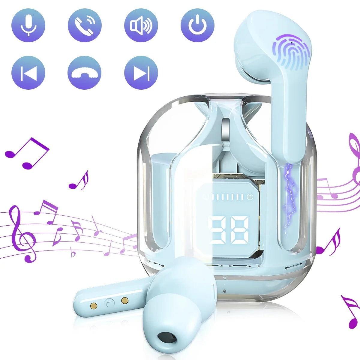 Air31 Bluetooth 5.3 Earbuds | Crystal Transparent Design | LED Display Charging Case